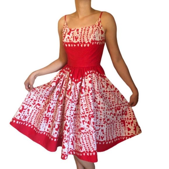 Vintage Dresses & Skirts - Vintage 50s Kamehameha Hawaii Tropical Red White Fit and Flare Print Sundress